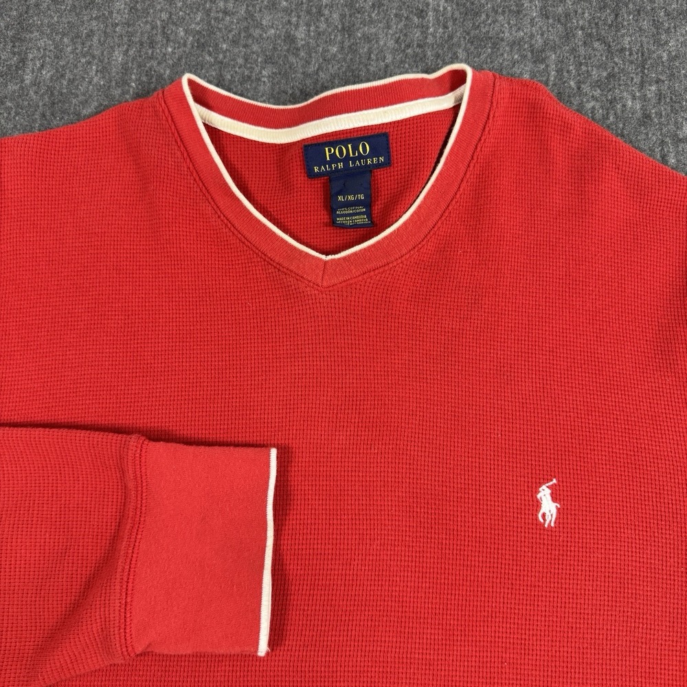 Polo Ralph Lauren Mens XL Red Waffle Knit V Neck Long Sleeve Shirt Cotton